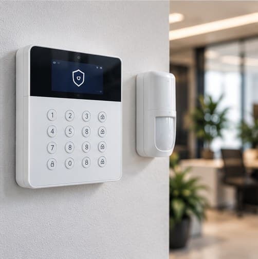 Clavier d'alarme et détecteur de mouvement installés sur un mur de bureau