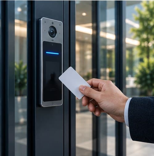Lecteur de badge de contrôle d'accès sur une porte vitrée