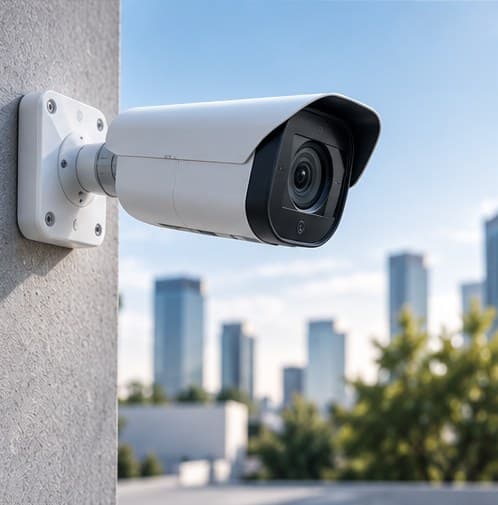 Caméra de vidéosurveillance extérieure fixée sur un mur, vue sur la ville