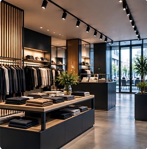 Intérieur d'une boutique de prêt-à-porter avec présentoirs et caisse