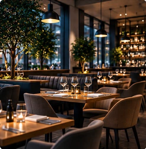 Salle de restaurant dressée avec tables et éclairage tamisé